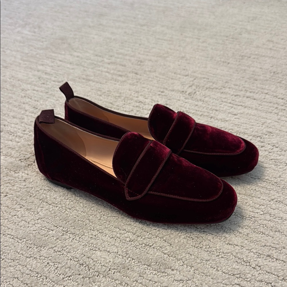 J. Crew Red Velvet Flats with Classic Loafer Design